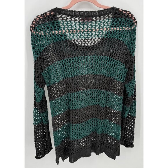 Romeo & Juliet Striped Green & Gray Open Knit Long Sleeve Sweater Size M - Picture 4 of 7